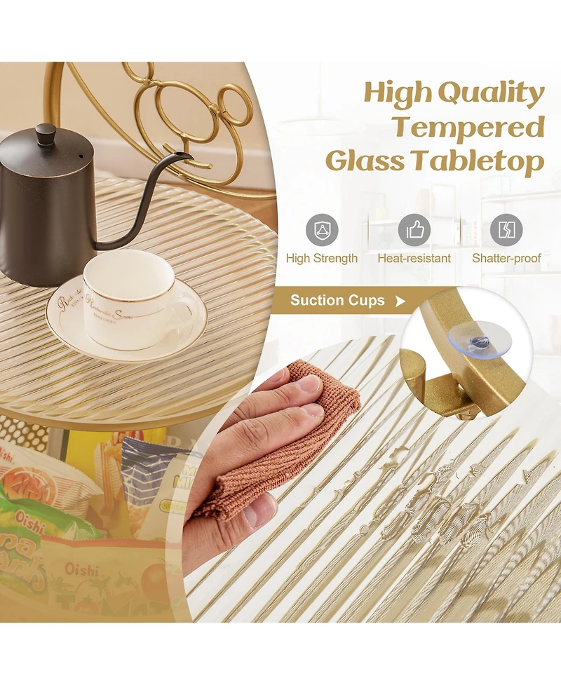 Gymax 2-Tier Mobile Glass Coffee Table w/ Bear Pattern Storage Basket Transparent & Golden