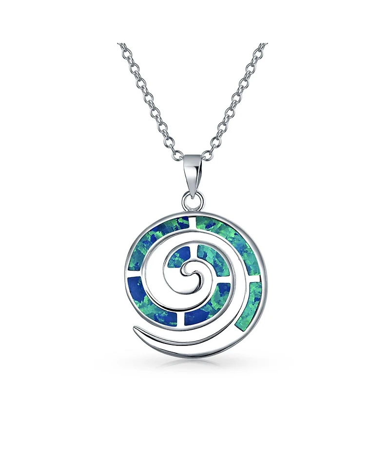 Bling Jewelry Round Blue Created Opal Inlay Spiral Maze Wind Pendant Necklace .925 Sterling Silver