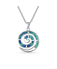 Bling Jewelry Round Blue Created Opal Inlay Spiral Maze Wind Pendant Necklace .925 Sterling Silver