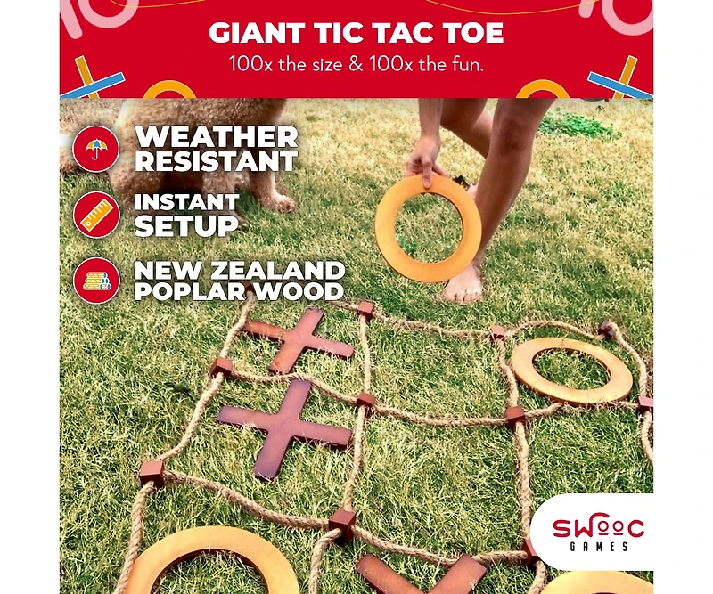 Swooc Games - Giant Wooden Tic Tac Toe Game (All Weather) | 3ft x 3ft | Big Wood X & O Pieces with Rope Game Board | Tic Tac Toe Board