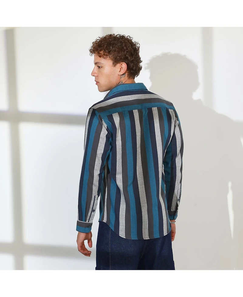 Men's Navy Blue & Ash Grey Block-Striped Shirt