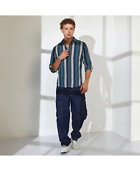 Men's Navy Blue & Ash Grey Block-Striped Shirt