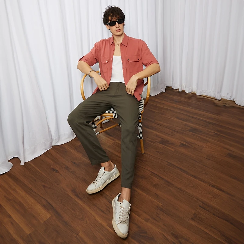 Campus Sutra Men's Terracotta Orange Utility Knit Shirt