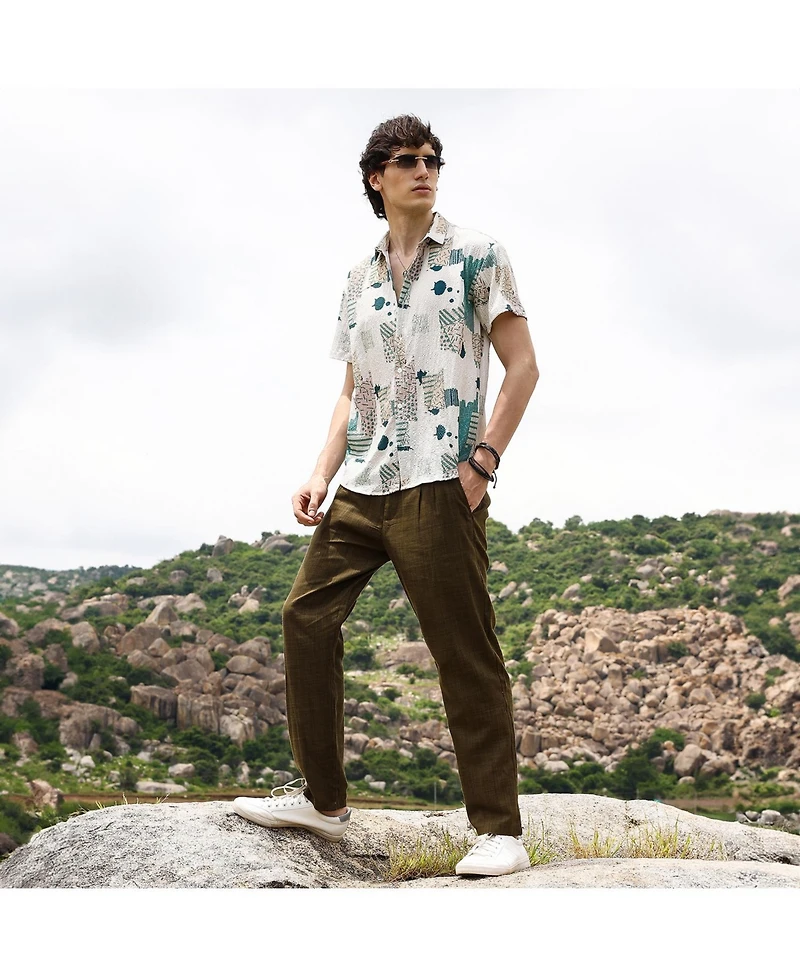 Men's Forest Green & Bone Beige Abstract Seersucker Shirt