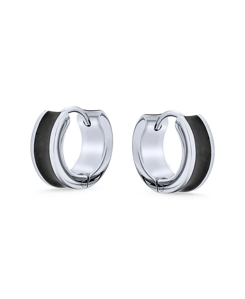 Bling Jewelry Earrings Two Tone Striped Black Enamel Huggie Hoop Silver Tone Stainless Steel