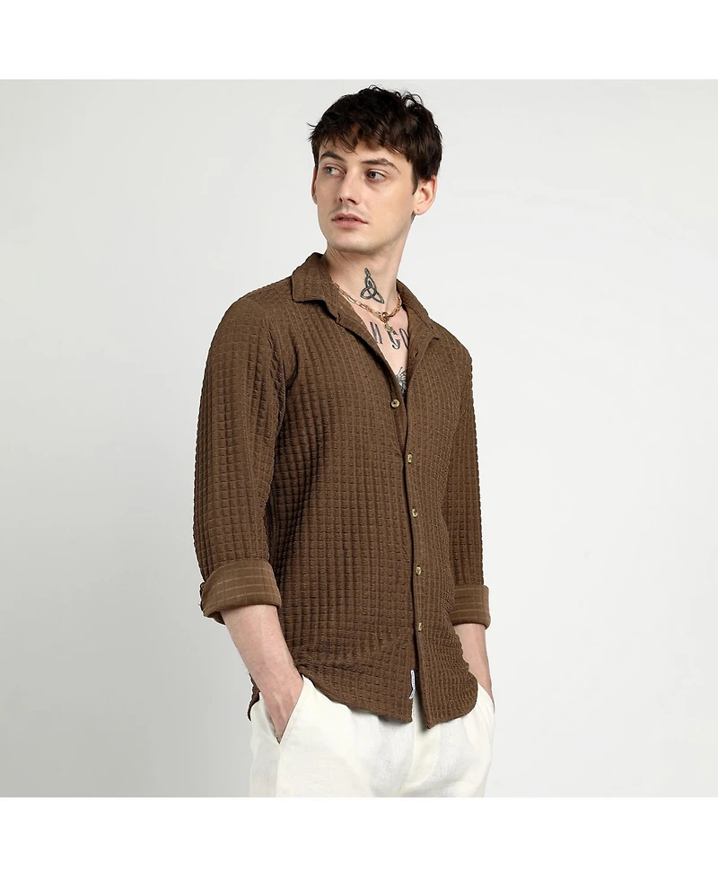 Campus Sutra Men's Chocolate Brown Cube-Textured Shirt