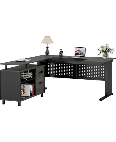 Tribesigns 63 Inch Executive Desk with File Cabinet, Large Office L Shaped Computer Drawers and Storage Shelves