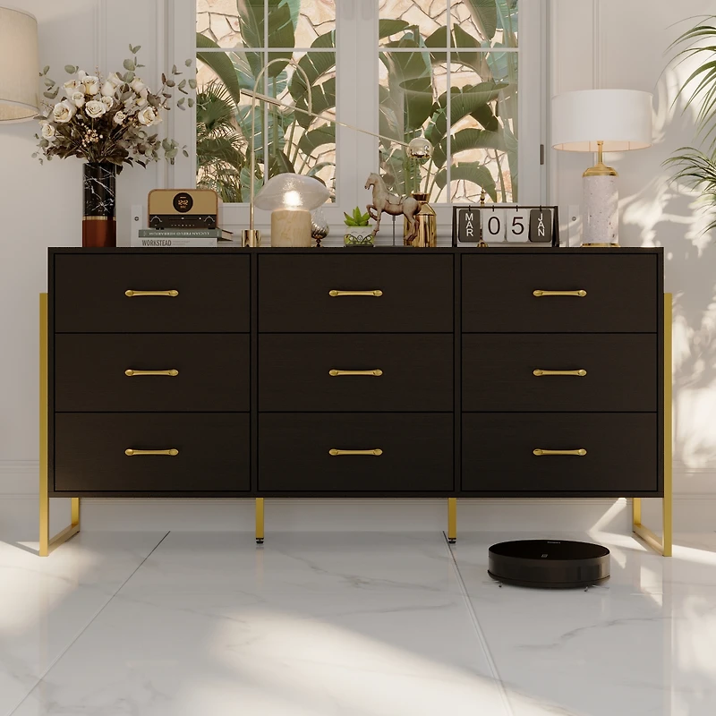 Homsee White and Golden 9-Drawers Wooden Dresser without Mirror