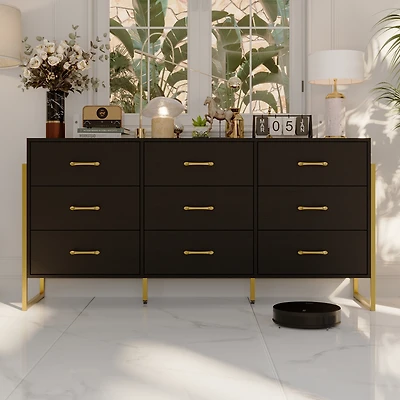 Homsee White and Golden 9-Drawers Wooden Dresser without Mirror