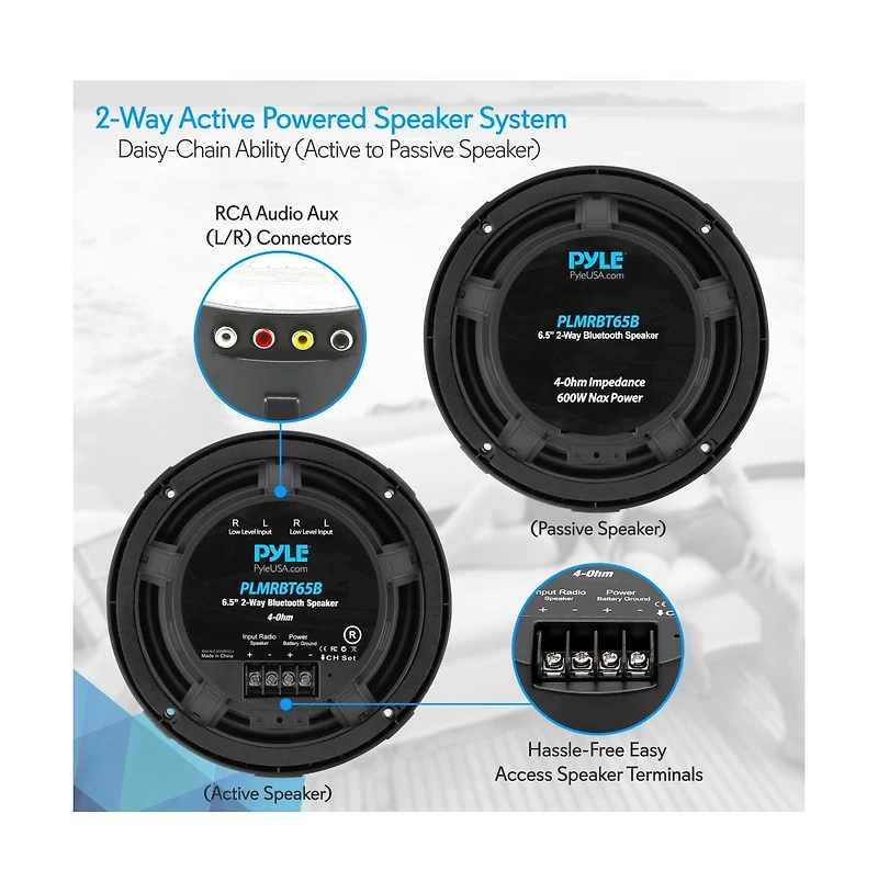 Pyle 6.5" Bluetooth Marine Speakers, Waterproof, 600 Watt, 2-Way Coaxial System