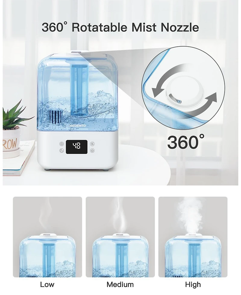 Morento Humidifiers for Bedroom, 4.5L Top Fill Humidifiers for Large Room, Cool Mist Humidifiers for Home,Auto Shut-Off,360 Nozzle, Humidity Setting,