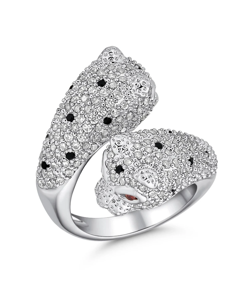 Bling Jewelry Red Eye Black White Cubic Zirconia Cz Fashion Leopard Panther Cat Statement Bypass Ring Rhodium Plated Brass