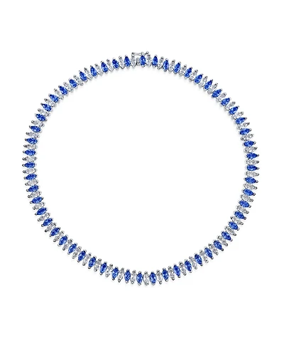 Bling Jewelry Art Deco Style Holiday Day Party Blue Clear White Cubic Zirconia Marquise Formal Statement Tennis Necklace Prom Silver Gold Plated