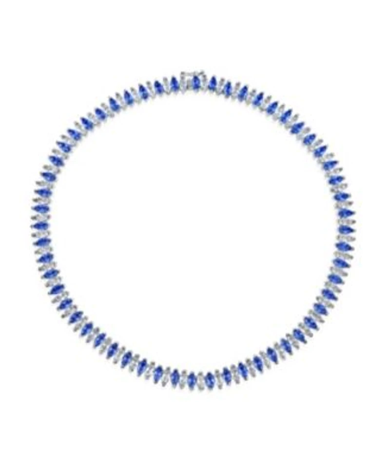 Bling Jewelry Art Deco Style Holiday Day Party Blue Clear White Cubic Zirconia Marquise Formal Statement Tennis Necklace Prom Silver Gold Plated