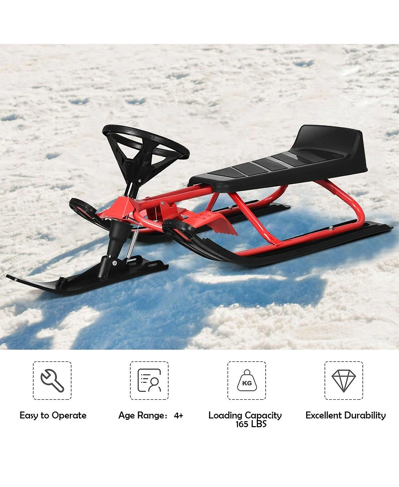 Sugift Kids Snow Sled with Steering Wheel and Double Brakes Pull Rope-Red