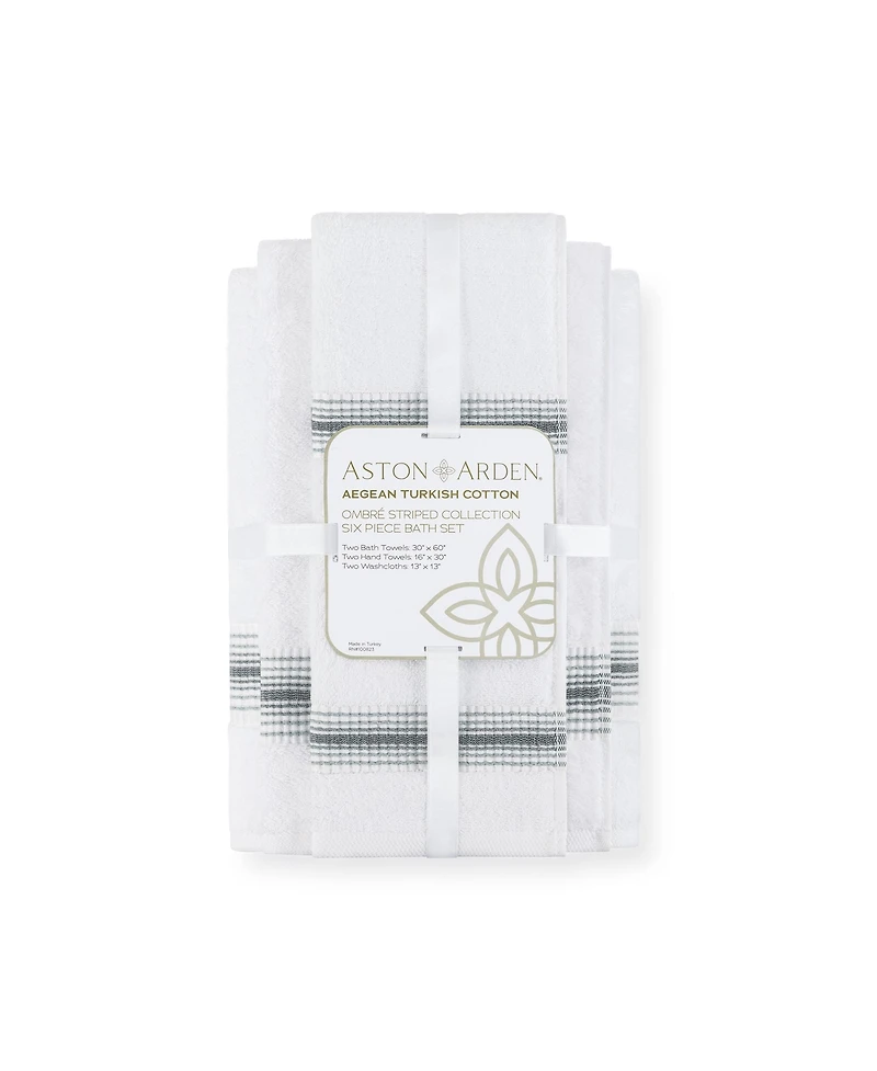 Aston and Arden Luxury White/Ombre Stripe 6-Piece Bath Towel Set, 600 Gsm, Soft 100% Turkish Cotton Bathroom Towels, Made in Turkey, 2 Bath Towels, 2