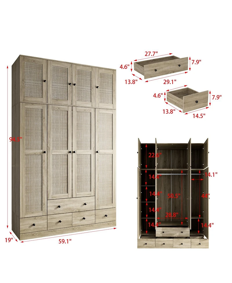 Famapy Brown Rattan Doors Wardrobe with 5-Drawers,2-Hanging Rods,Top Cabinet