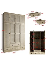 Famapy Brown Rattan Doors Wardrobe with 5-Drawers,2-Hanging Rods,Top Cabinet