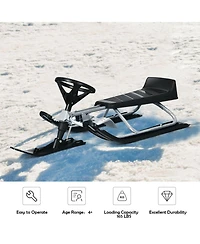 Sugift Kids Snow Sled with Steering Wheel and Double Brakes-Black