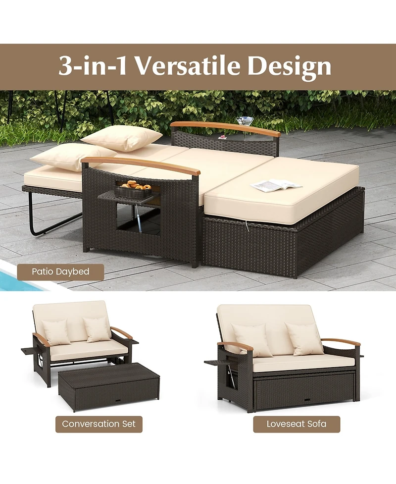 Patio Rattan Daybed Set with Cushioned Loveseat & Storage Ottoman for Porch