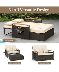 Patio Rattan Daybed Set with Cushioned Loveseat & Storage Ottoman for Porch