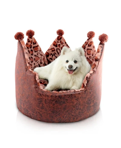 Dream Black Label Leopard Print Crown Dog Bed - Washable Round Cat Bed, Elegant Royal Design Indoor Cuddler Pet Beds for Puppy and Kitten