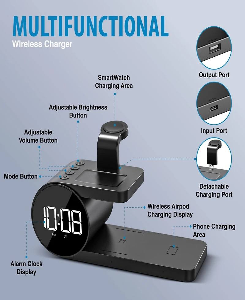 Brookstone 3-in-1 Wireless Charging Stand and Alarm Clock for iPhone, Airpods, and Apple Watch