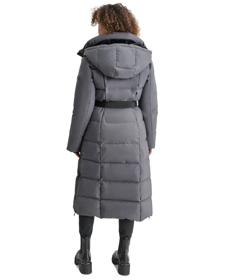 Dkny Womens Maxi Belted Hooded Puffer Coat