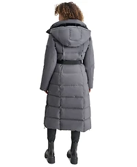 Dkny Womens Maxi Belted Hooded Puffer Coat