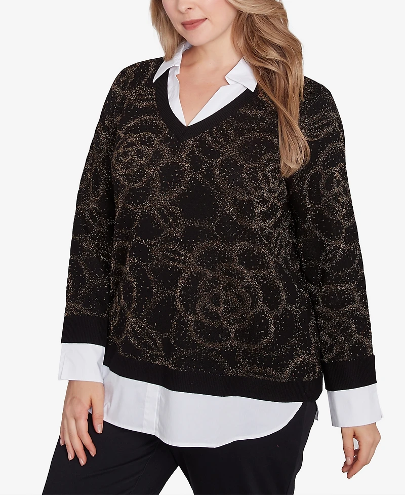 Ruby Rd. Plus Size Metallic Floral Layered Shirt Collar Sweater