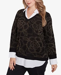 Ruby Rd. Plus Size Metallic Floral Layered Shirt Collar Sweater