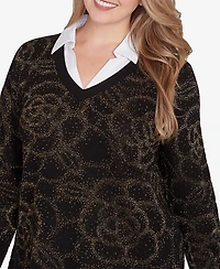Ruby Rd. Plus Size Metallic Floral Layered Shirt Collar Sweater