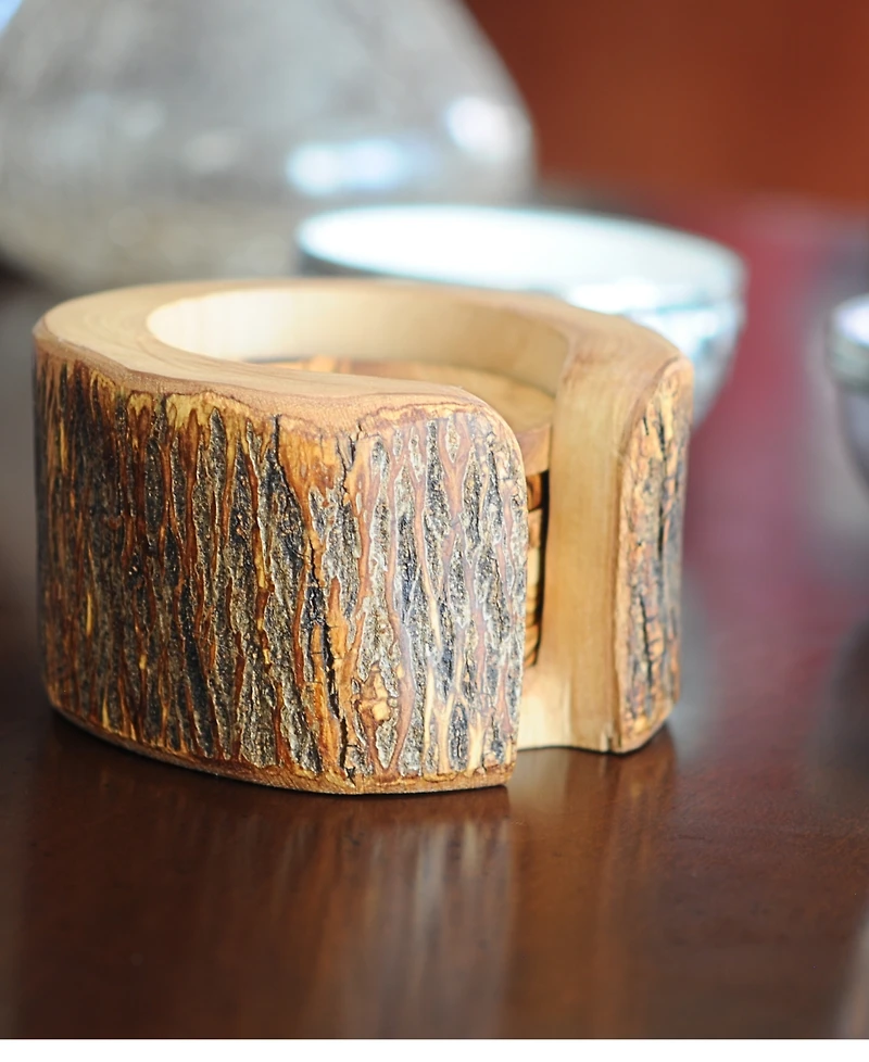 BeldiNest Olive Wood Rustic Coaster Set of 8 with Holder
