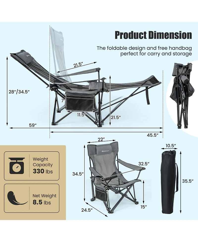 Slickblue Camping Lounge Chair with Detachable Footrest Adjustable Backrest