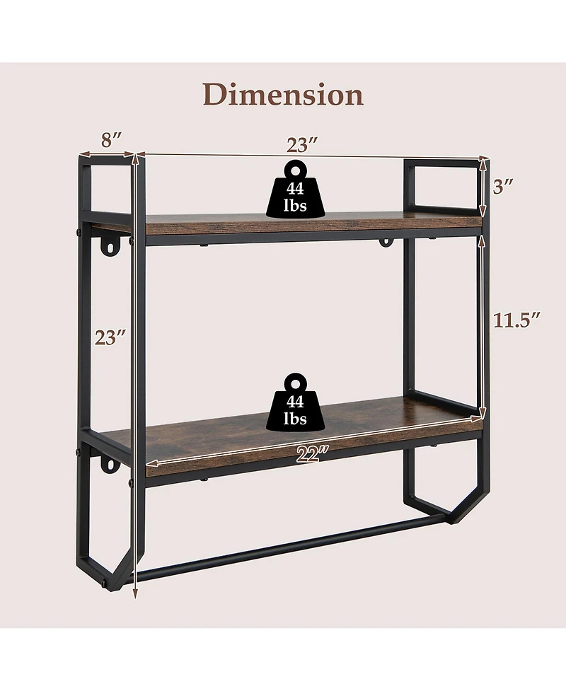 Gymax Wall Mounted Bathroom Shelf Industrial 2-Tier Storage Rack w/ Towel Bar Kitchen