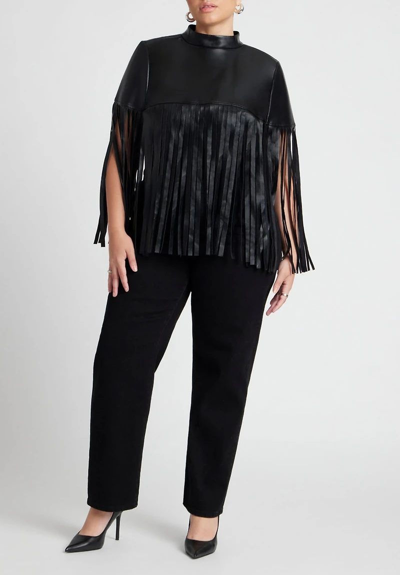Eloquii Women's Faux Leather Fringe Cape