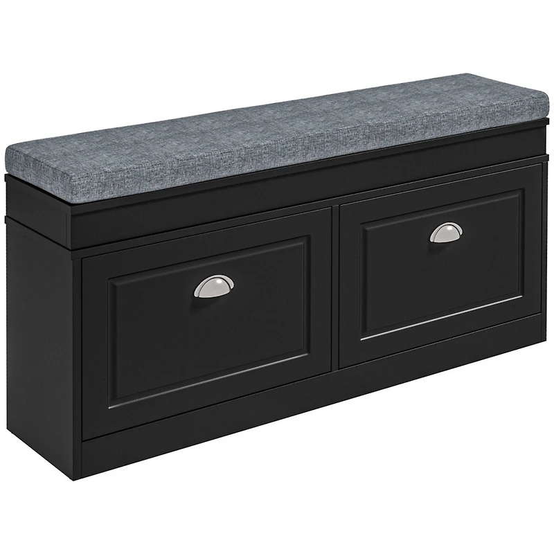 Modern Shoe Rack Bench for Entryway, Storage Organizer with Cushion, 2 Drawers, Adjustable Shelf, Holds 8 Pairs, Black