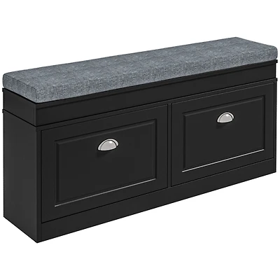 Modern Shoe Rack Bench for Entryway, Storage Organizer with Cushion, 2 Drawers, Adjustable Shelf, Holds 8 Pairs, Black