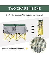 Loveseat Style Camping Chair, Oversized Folding Lawn Chair with Carry Bag & Cup Holders, for Outdoor, Beach, Picnic, Hiking, Travel, Green & Gray