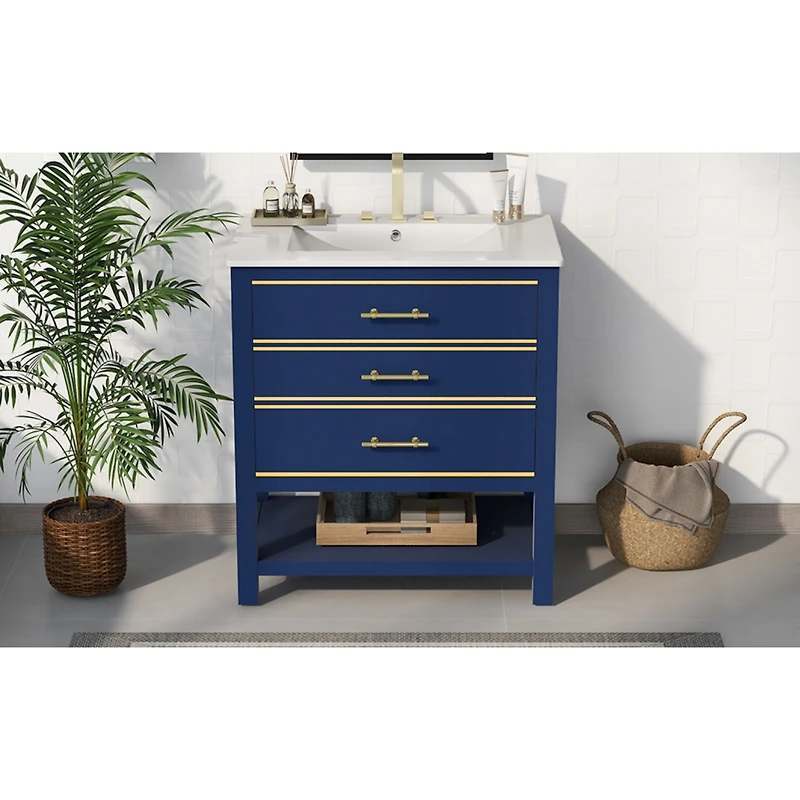 Modern 30inch Navy Blue/White Bathroom Vanity Cabinet Combo with OpenStorge, Two Drawers