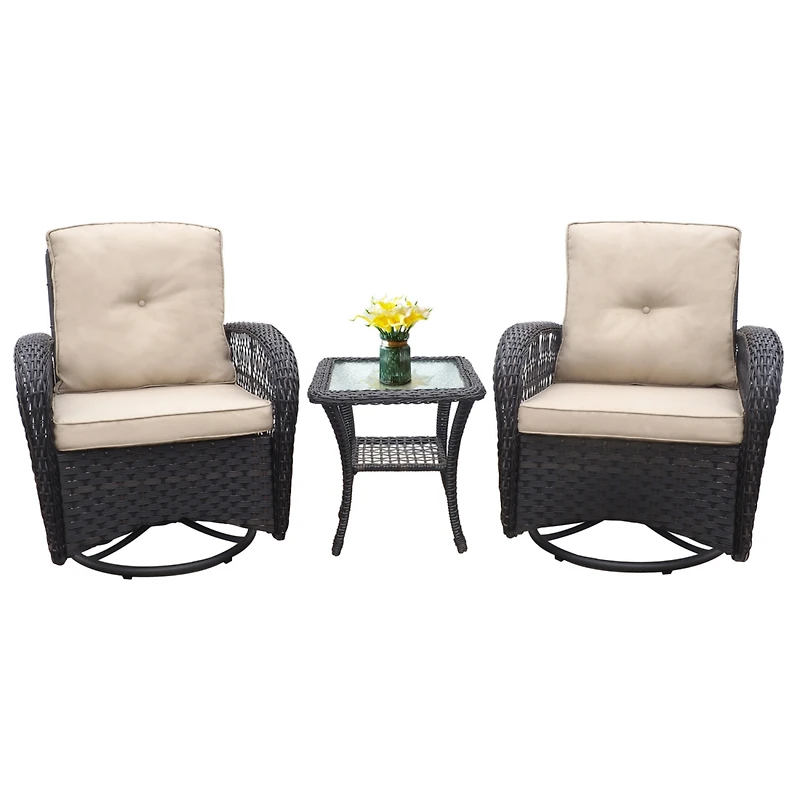 3 Pieces Conversation Set, Outdoor Wicker Rocker Swivel Patio Bistro Set, Rocking Chair with Glass Top Side Table, Khaki