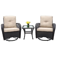 3 Pieces Conversation Set, Outdoor Wicker Rocker Swivel Patio Bistro Set, Rocking Chair with Glass Top Side Table, Khaki