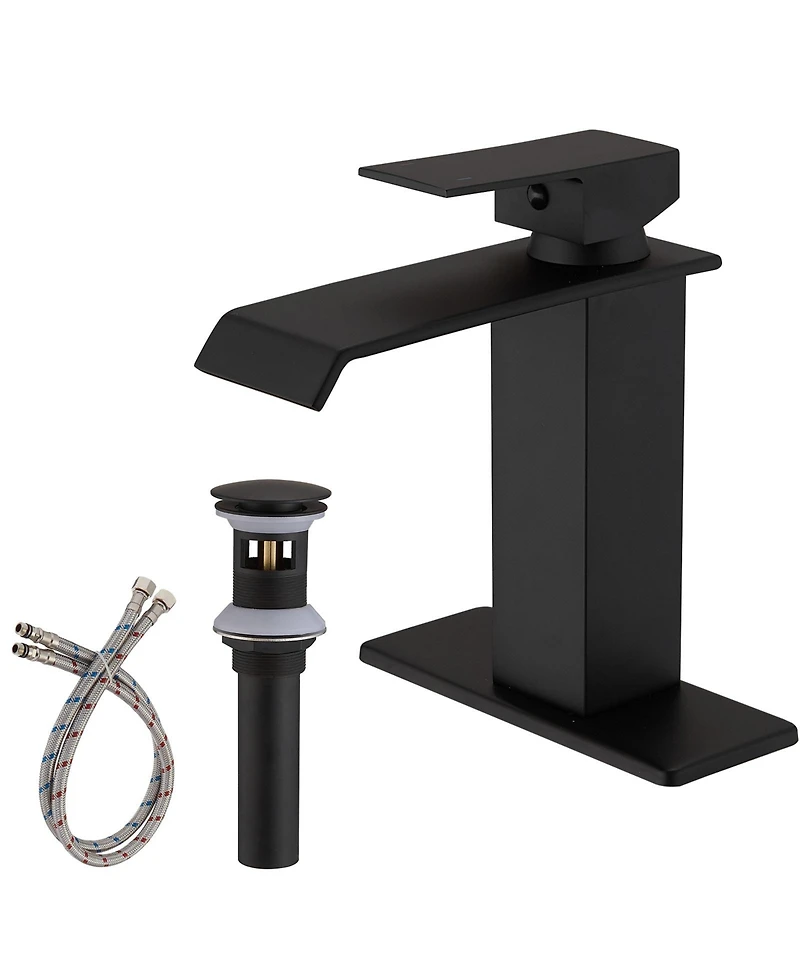 Waterfall Single Hole Single-Handle Low-Arc Bathroom Faucet With Pop-up Drain Assembly in Matte Black