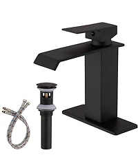 Waterfall Single Hole Single-Handle Low-Arc Bathroom Faucet With Pop-up Drain Assembly in Matte Black
