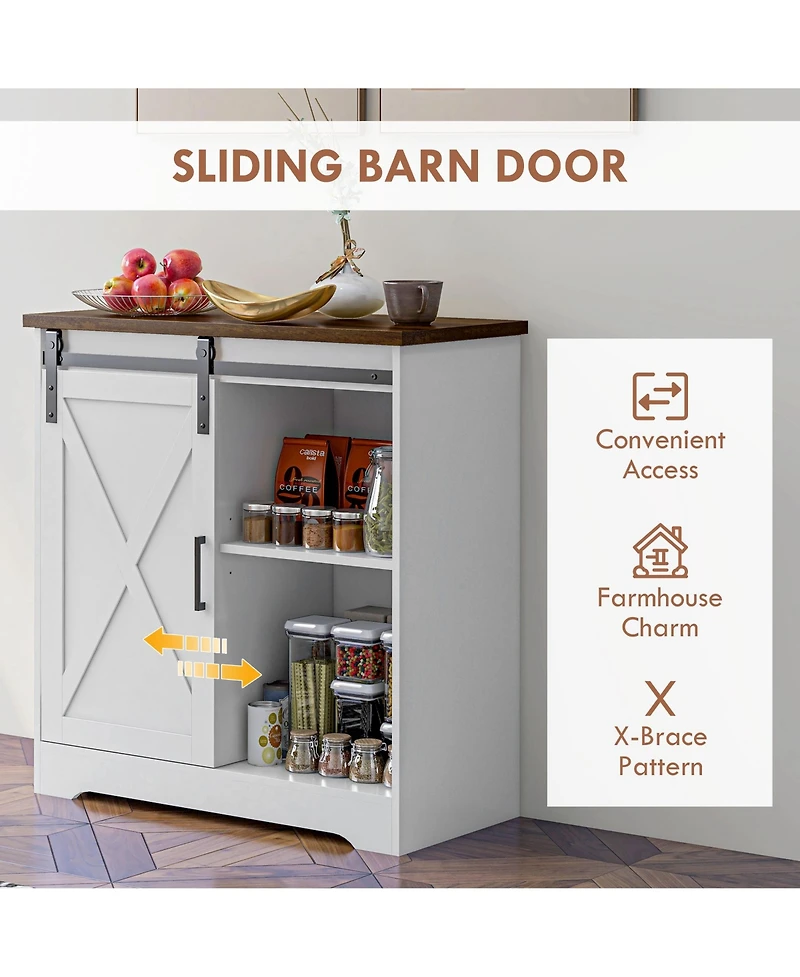 Farmhouse Coffee Bar Cabinet, 33" Buffet Sideboard with Sliding Barn Door and Adjustable Shelf, Kitchen Buffet Cabinet, White