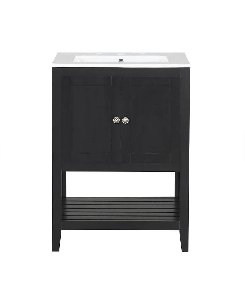 24" Black Modern Sleek Bathroom Vanity Elegant Ceramic Sink with Solid Wood Frame Open Style Shelf