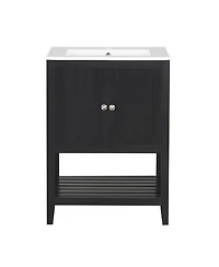 24" Black Modern Sleek Bathroom Vanity Elegant Ceramic Sink with Solid Wood Frame Open Style Shelf