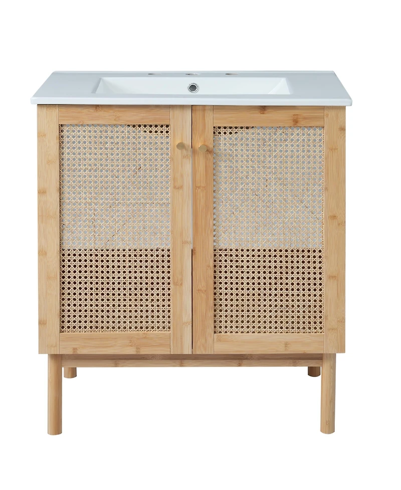 30-inch bathroom vanity crafted from natural materials, featuring handmade rattan doors and soft-closing mechanisms