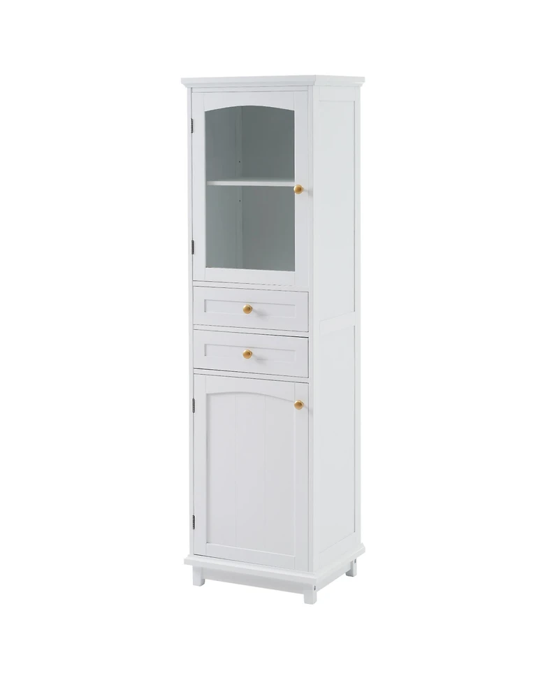 63" Tall Bathroom Storage Cabinet with Glass Doors, Free-Standing, Two Drawers, and Adjustable Shelves, Mdf Board