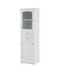 63" Tall Bathroom Storage Cabinet with Glass Doors, Free-Standing, Two Drawers, and Adjustable Shelves, Mdf Board